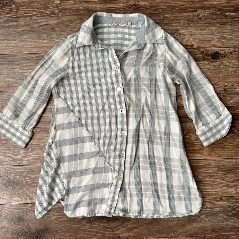 Soft Surroundings Silver Sage & Ivory Plaid Huntleigh Button-Up Tunic Shirt Pxs